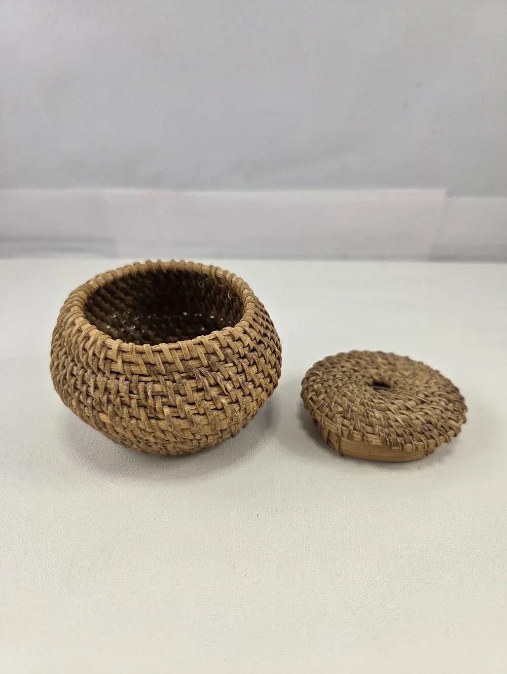 Vintage Miniature Basket, Woven Rattan Lidded Coiled String Holder